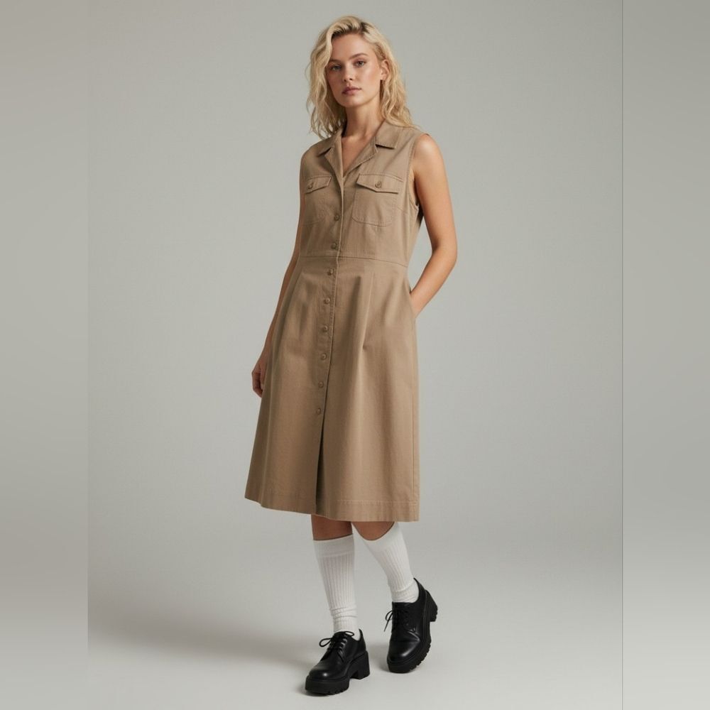 Peter Nygard Sleeveless Tan Button-Up Dress